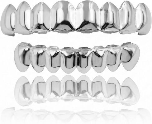 8 PCS Grills for Your Teeth, Grillz Teeth Men Hip Hop Gold Tooth Cap Fake Grillz Mouth Teeth 90s Accessories for Women (Silver) in Saudi Arabia