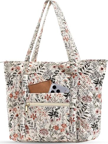 Quilted Tote Bag with Zipper - Laptop Tote Bag for Women, Large Capacity with Pockets for Work Teacher Travel in Kuwait