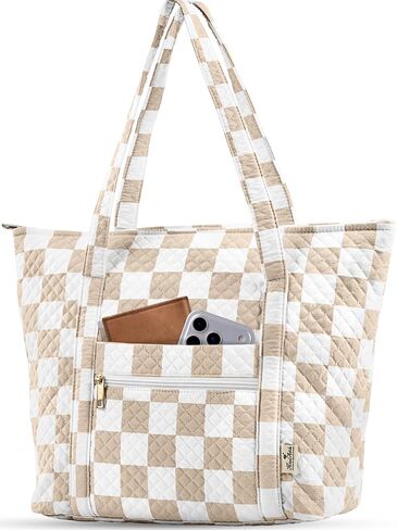 Quilted Tote Bag with Zipper - Laptop Tote Bag for Women, Large Capacity with Pockets for Work Teacher Travel in Kuwait