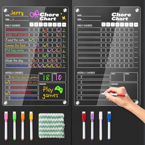 2 Pack Acrylic Magnetic Chore Chart, Chore Board, Dry Erase Chore Chart, 12"x9" Transparent Erasable Reward Chart for Teens and Adults Chore Checklist with 8 Markers and Towel in Saudi Arabia