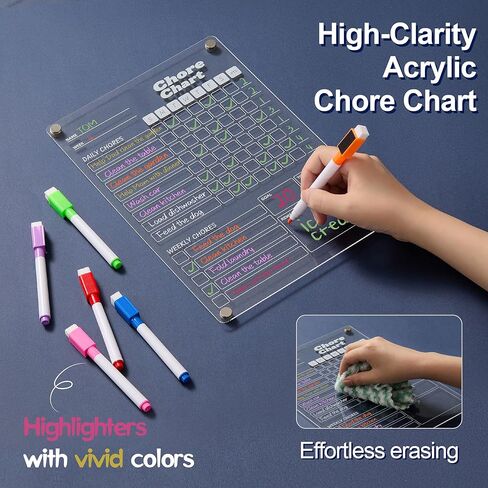 2 Pack Acrylic Magnetic Chore Chart, Chore Board, Dry Erase Chore Chart, 12"x9" Transparent Erasable Reward Chart for Teens and Adults Chore Checklist with 8 Markers and Towel in Saudi Arabia