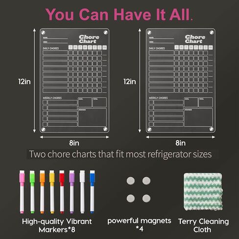 2 Pack Acrylic Magnetic Chore Chart, Chore Board, Dry Erase Chore Chart, 12"x9" Transparent Erasable Reward Chart for Teens and Adults Chore Checklist with 8 Markers and Towel in Saudi Arabia
