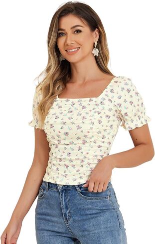 Allegra K Smocked Crop Top for Women's Slim Fit Peasant Floral Blouse in Saudi Arabia