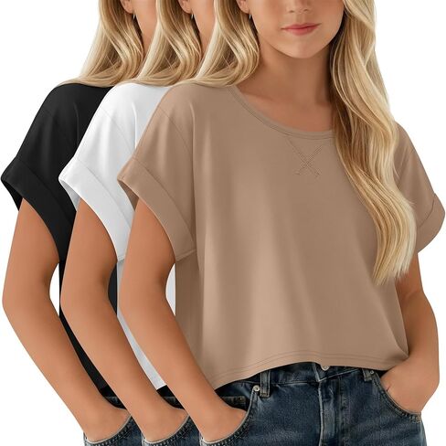 3 Pack Girls Oversized Crop Tops Short Sleeve T Shirts Crewneck Casual Basic Kids Rolled Sleeve Tees Summer in Saudi Arabia