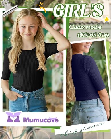 3 Pack Girls T-Shirts Half Sleeve Soft Ribbed Tops Crewneck Slim Fit Summer Athletic Stretchy Basic Tees 5-14 Years in Saudi Arabia