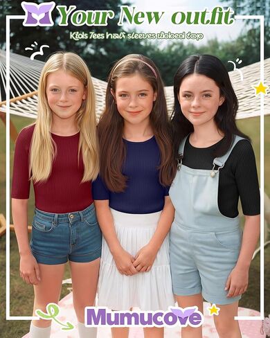 3 Pack Girls T-Shirts Half Sleeve Soft Ribbed Tops Crewneck Slim Fit Summer Athletic Stretchy Basic Tees 5-14 Years in Saudi Arabia