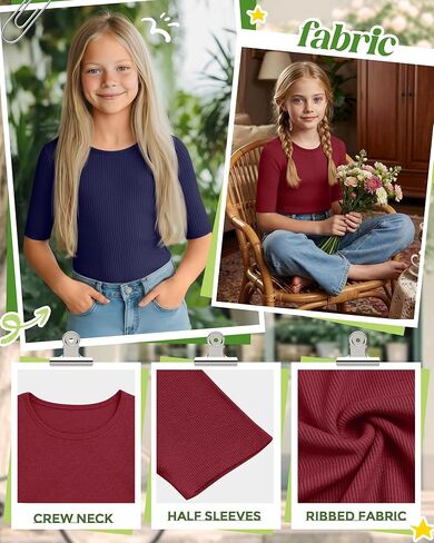 3 Pack Girls T-Shirts Half Sleeve Soft Ribbed Tops Crewneck Slim Fit Summer Athletic Stretchy Basic Tees 5-14 Years in Saudi Arabia