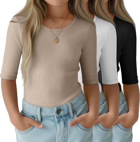 3 Pack Girls T-Shirts Half Sleeve Soft Ribbed Tops Crewneck Slim Fit Summer Athletic Stretchy Basic Tees 5-14 Years in Saudi Arabia