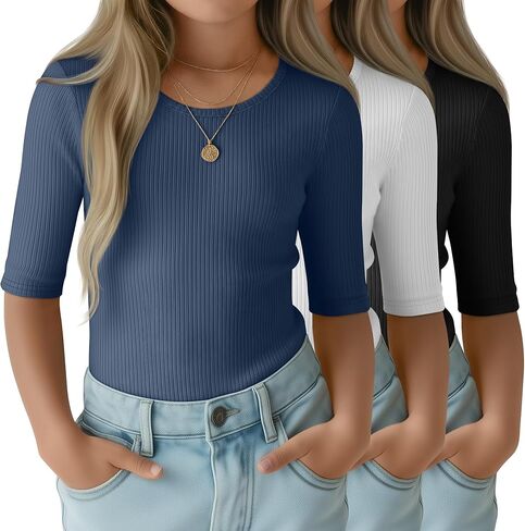 3 Pack Girls T-Shirts Half Sleeve Soft Ribbed Tops Crewneck Slim Fit Summer Athletic Stretchy Basic Tees 5-14 Years in Saudi Arabia