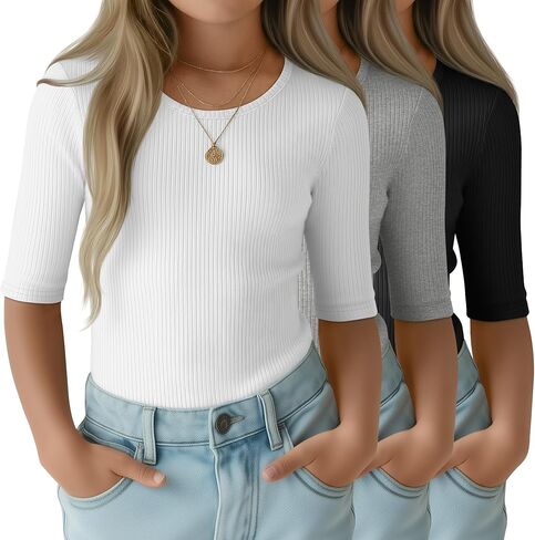 3 Pack Girls T-Shirts Half Sleeve Soft Ribbed Tops Crewneck Slim Fit Summer Athletic Stretchy Basic Tees 5-14 Years in Saudi Arabia