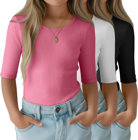 3 Pack Girls T-Shirts Half Sleeve Soft Ribbed Tops Crewneck Slim Fit Summer Athletic Stretchy Basic Tees 5-14 Years in Saudi Arabia
