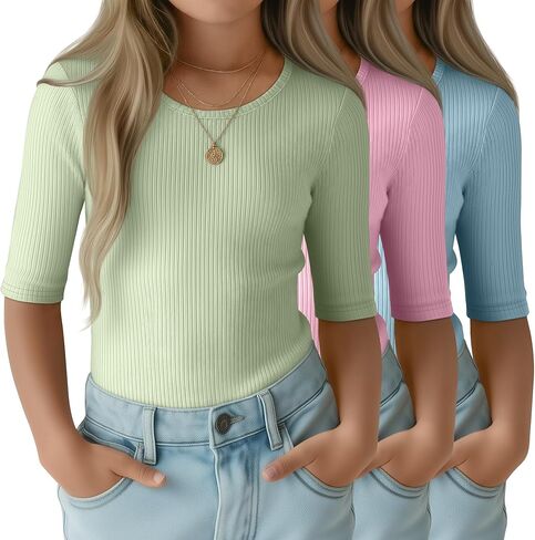 3 Pack Girls T-Shirts Half Sleeve Soft Ribbed Tops Crewneck Slim Fit Summer Athletic Stretchy Basic Tees 5-14 Years in Saudi Arabia