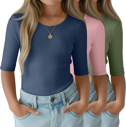3 Pack Girls T-Shirts Half Sleeve Soft Ribbed Tops Crewneck Slim Fit Summer Athletic Stretchy Basic Tees 5-14 Years in Saudi Arabia