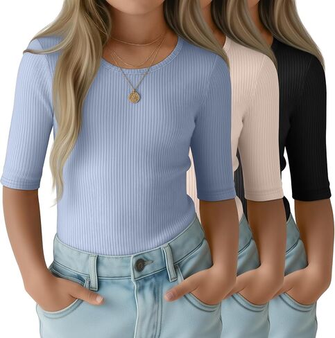 3 Pack Girls T-Shirts Half Sleeve Soft Ribbed Tops Crewneck Slim Fit Summer Athletic Stretchy Basic Tees 5-14 Years in Saudi Arabia