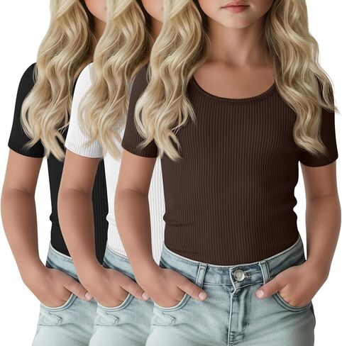 3 Pack Girls Short Sleeve Shirts Ribbed Knit Scoop Neck T-Shirts Kids Solid Tops Slim Fit Casual Tees 5-14 Years in Saudi Arabia