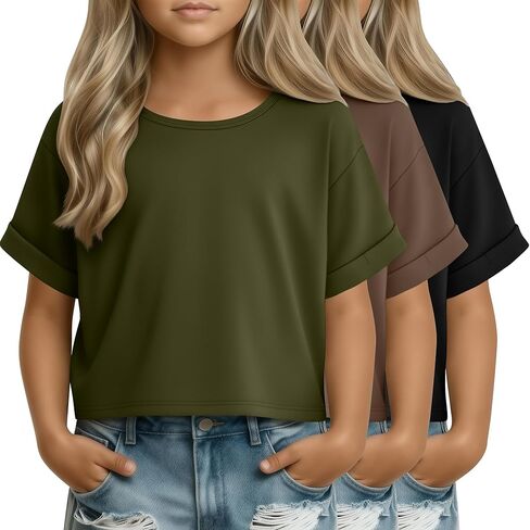 3 Pack Girl's Crop Tops Basic Short Sleeve T-Shirts Summer Oversized Crewneck Shirt Casual Loose Rolled Sleeve Tee in Saudi Arabia