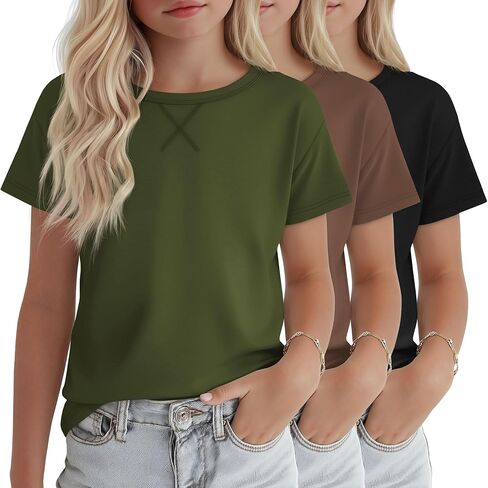 3 Pack Girls Short Sleeve Shirts Loose Fit Round Neck Kids Tops Comfy Cute Teen Summer Basic Tees 5-14 Years in Saudi Arabia