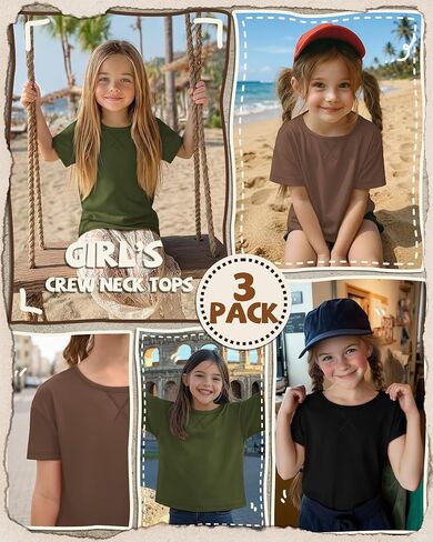 3 Pack Girls Short Sleeve Shirts Loose Fit Round Neck Kids Tops Comfy Cute Teen Summer Basic Tees 5-14 Years in Saudi Arabia