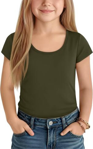 Girl's Cap Sleeve Tops Scoop Neck Shirt Fitted Short Sleeve T-Shirt Kids Summer Casual Basic Tee in Saudi Arabia