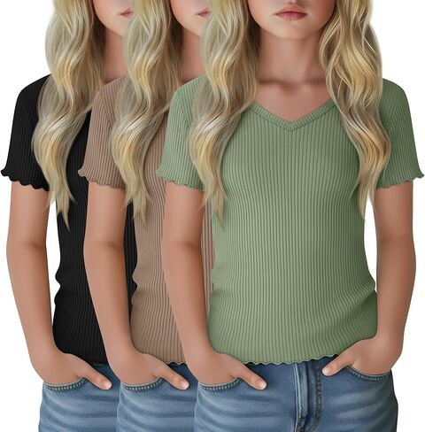 3 Pack Girls Ribbed Shirts Short Sleeve V Neck Slim Fit Kids Lettuce Trim Tops Comfy Cute Basic Tees Summer Youth in Saudi Arabia