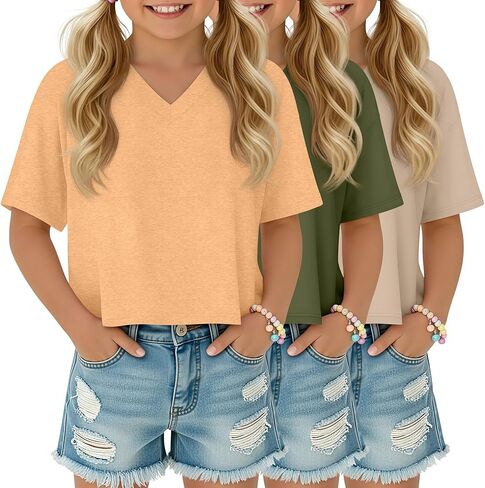 3 Pack Girls Short Sleeve Crop Tops V Neck Cute Cropped T Shirts Summer Casual Tops Basic Tees Size 5-14 Years in Saudi Arabia