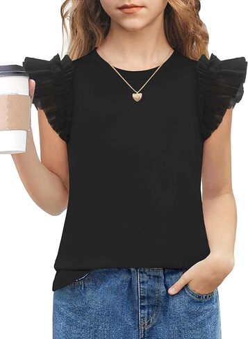 Arshiner Shirts for Girls with Mesh Flying Short Sleeve Crewneck Casual Summer Kids T Shirt Blouse Tops Tee in Saudi Arabia