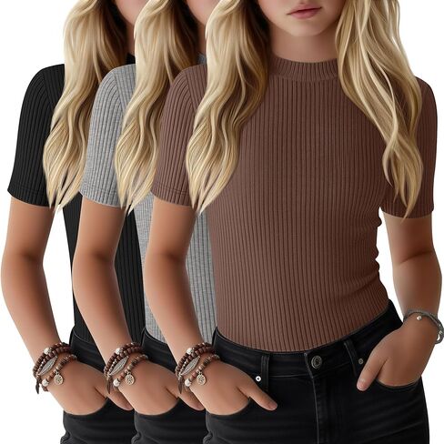 3 Pack Girls Summer Sun Mock Neck T-Shirts Kids Short Sleeve Breathable Shirts Ribbed Knit Slim Fit Outdoor Tops in Saudi Arabia