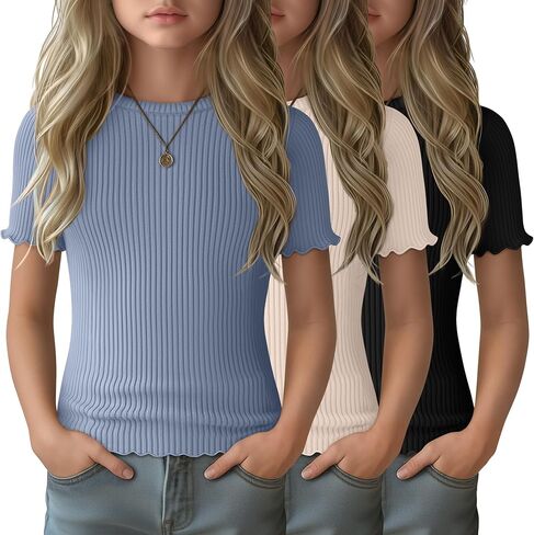 3 Pack Girls' T Shirts Short Sleeve Tees Crew Neck Ribbed Tops Lettuce Trim Cute Basic Solid Tees for 5-14Y in Saudi Arabia