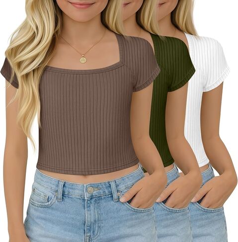 3 Pack Girls Ribbed Knit Crop Tops 5-14Y Short Sleeve T-Shirts Square Neck Slim Spring Teen Kids Summer Trendy Tees in Saudi Arabia