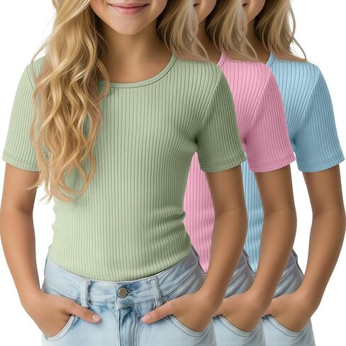 3 Pack Girls T-Shirts Short Sleeve Soft Ribbed Tops Slim Fit Summer Crewneck Athletic Basic Tee Stretchy 5-14 Years in Saudi Arabia