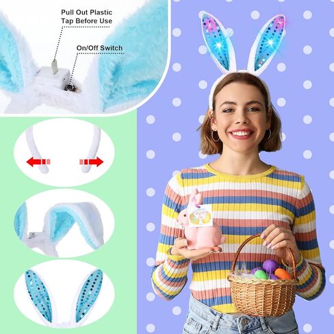 Hotop 24 Pcs LED Easter Bunny Ears Light up Headbands Furry Lighted Bunny Ears Soft Velvety Rabbit Ear Hairbands 4 Styles Rabbit Hair Hoop for Easter Party Cosplay Costume Supplies Accessories in Saudi Arabia