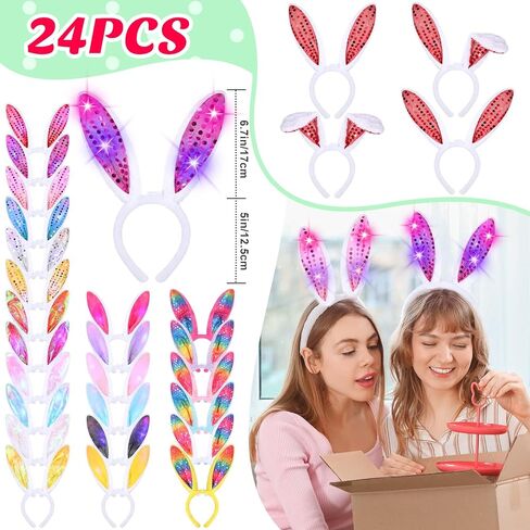Hotop 24 Pcs LED Easter Bunny Ears Light up Headbands Furry Lighted Bunny Ears Soft Velvety Rabbit Ear Hairbands 4 Styles Rabbit Hair Hoop for Easter Party Cosplay Costume Supplies Accessories in Saudi Arabia