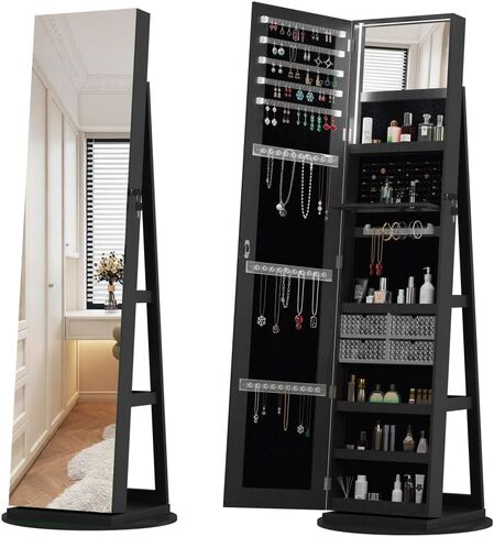 360°Swivel Jewelry Cabinet with Full Length Mirror, 360°Rotating Standing Jewelry Armoire Organizer, Lockable Storage Cabinet, Interior Lighted Mirror (White + MDF-2) in Saudi Arabia