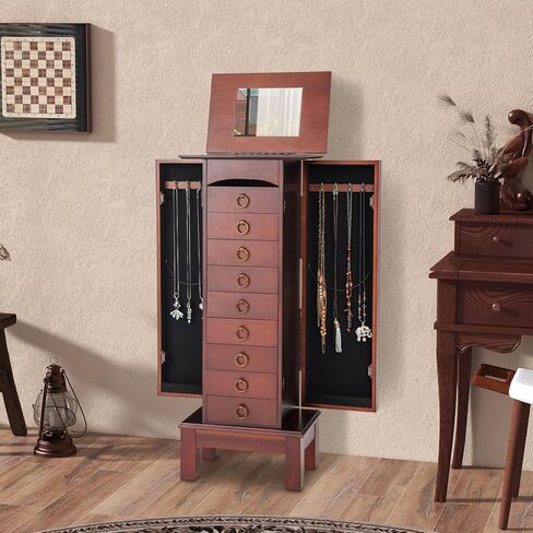 Giantex Jewelry Cabinet Armoire with 9 Drawers, 2 Side Doors, 8 Necklace Hooks, Top Divided Storage Compartments, Makeup Mirror, Large Standing Jewelry Chest Organizer Box in Saudi Arabia