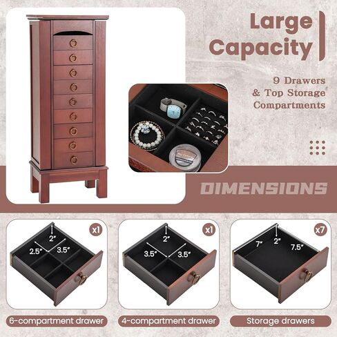 Giantex Jewelry Cabinet Armoire with 9 Drawers, 2 Side Doors, 8 Necklace Hooks, Top Divided Storage Compartments, Makeup Mirror, Large Standing Jewelry Chest Organizer Box in Saudi Arabia