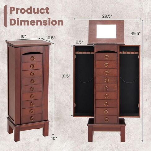 Giantex Jewelry Cabinet Armoire with 9 Drawers, 2 Side Doors, 8 Necklace Hooks, Top Divided Storage Compartments, Makeup Mirror, Large Standing Jewelry Chest Organizer Box in Saudi Arabia