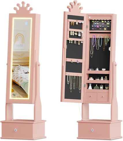 Kids Jewelry Cabinet with LED Full-Length Mirror, Freestanding Princess Vanity with Drawers & Jewelry Organizer, Wooden Armoire with Lights for Girls Dress Up, Perfect Birthday Light in Saudi Arabia