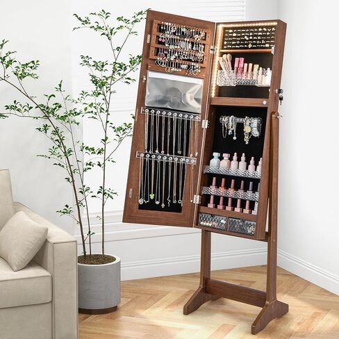 GOFLAME Jewelry Cabinet Armoire with Full Length Mirror, Freestanding Jewelry Cabinet with 3-Color LED Lights, Built-in Makeup Mirror, Lockable Jewelry Armoire for Bedroom, Cloakroom (Walnut) in Saudi Arabia