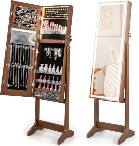 GOFLAME Jewelry Cabinet Armoire with Full Length Mirror, Freestanding Jewelry Cabinet with 3-Color LED Lights, Built-in Makeup Mirror, Lockable Jewelry Armoire for Bedroom, Cloakroom (Walnut) in Saudi Arabia