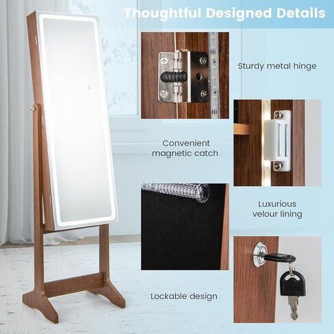 GOFLAME Jewelry Cabinet Armoire with Full Length Mirror, Freestanding Jewelry Cabinet with 3-Color LED Lights, Built-in Makeup Mirror, Lockable Jewelry Armoire for Bedroom, Cloakroom (Walnut) in Saudi Arabia