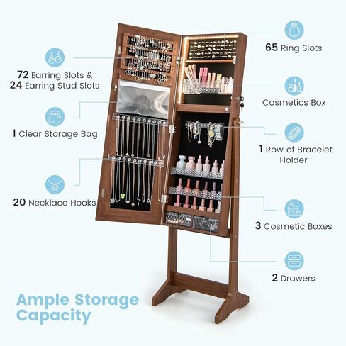 GOFLAME Jewelry Cabinet Armoire with Full Length Mirror, Freestanding Jewelry Cabinet with 3-Color LED Lights, Built-in Makeup Mirror, Lockable Jewelry Armoire for Bedroom, Cloakroom (Walnut) in Saudi Arabia