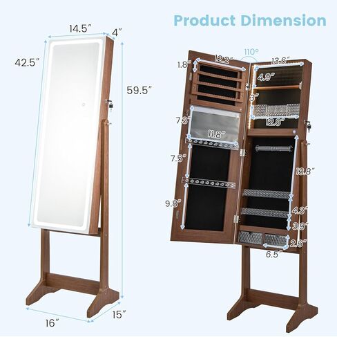 GOFLAME Jewelry Cabinet Armoire with Full Length Mirror, Freestanding Jewelry Cabinet with 3-Color LED Lights, Built-in Makeup Mirror, Lockable Jewelry Armoire for Bedroom, Cloakroom (Walnut) in Saudi Arabia