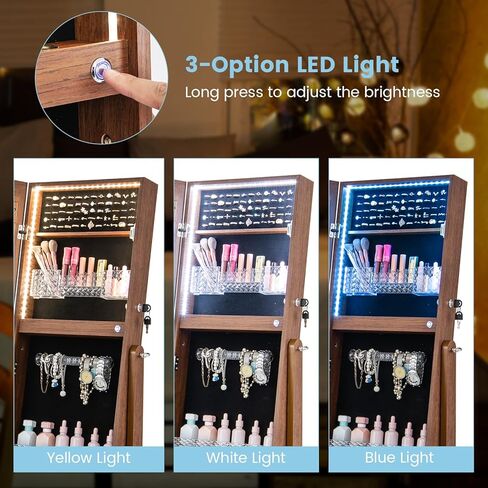 GOFLAME Jewelry Cabinet Armoire with Full Length Mirror, Freestanding Jewelry Cabinet with 3-Color LED Lights, Built-in Makeup Mirror, Lockable Jewelry Armoire for Bedroom, Cloakroom (Walnut) in Saudi Arabia