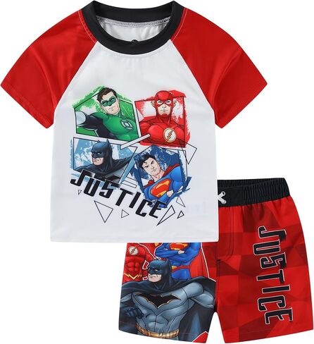 WARNER BROS Justice League Boys UPF 50+ قميص حماية من الطفح الجلدي وسروال سباحة قصير طقم ملابس سباحة للأطفال الكبار in Saudi Arabia