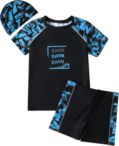 Hotfiary Boys Rash Guard Swimsuits Set Two Piece Short Sleeve Swim Shirts with Trunks Quick Dry Bathing Suit Swimwear 8-15 Y in Saudi Arabia
