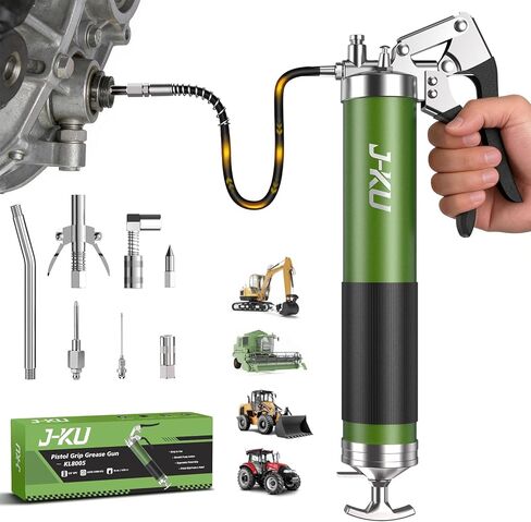 J-KU Grease Gun, 14 oz Manual Pistol Grip Grease Gun Kit – Heavy Duty 8000 PSI High Pressure Grease Gun with Air Bleed Valve for Easy Priming, Flexible Hose & 6 Nozzles for Automotive, Marine, Tractor in Saudi Arabia