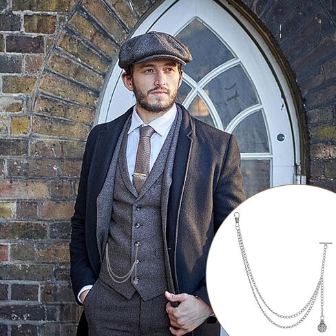 WEBEEDY Men's Pocket Watch Chain Vintage Albert Design Silver Curb Link with Retro Pendant for Vest Suit Formal Events Father's Day Wedding Costume Birthday Decoration Gift in Saudi Arabia