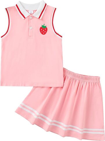 Girls 2 Piece Summer Outfits Sleeveless Graphic Polo Shirt and Pleated Skirt Set in Saudi Arabia
