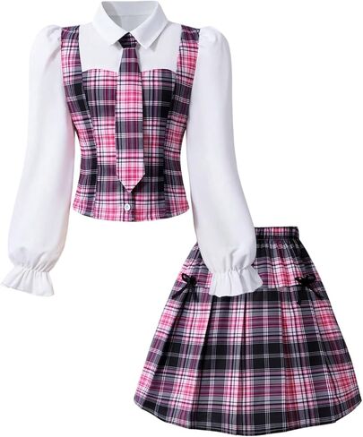 Milumia Girl's 2 Piece Outfits Plaid Button Up Puff Long Sleeve Top Pleated Skirt Sets Preppy Clothes in Saudi Arabia