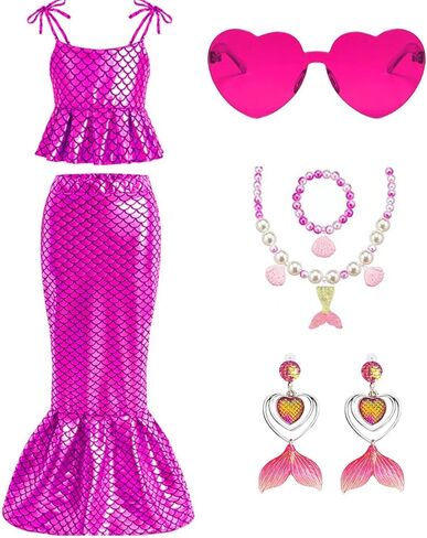 فستان حورية البحر للفتيات بذيل السمكة، تنانير طويلة، قمصان حورية البحر بدون أكمام، قمصان علوية من 4 إلى 12 سنة مع إكسسوارات بنفس اللون in Kuwait